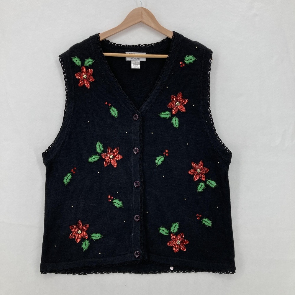 Vintage Arriviste Sweater Vest Womens 1X Black Poinsettia Sequin Holiday 90s